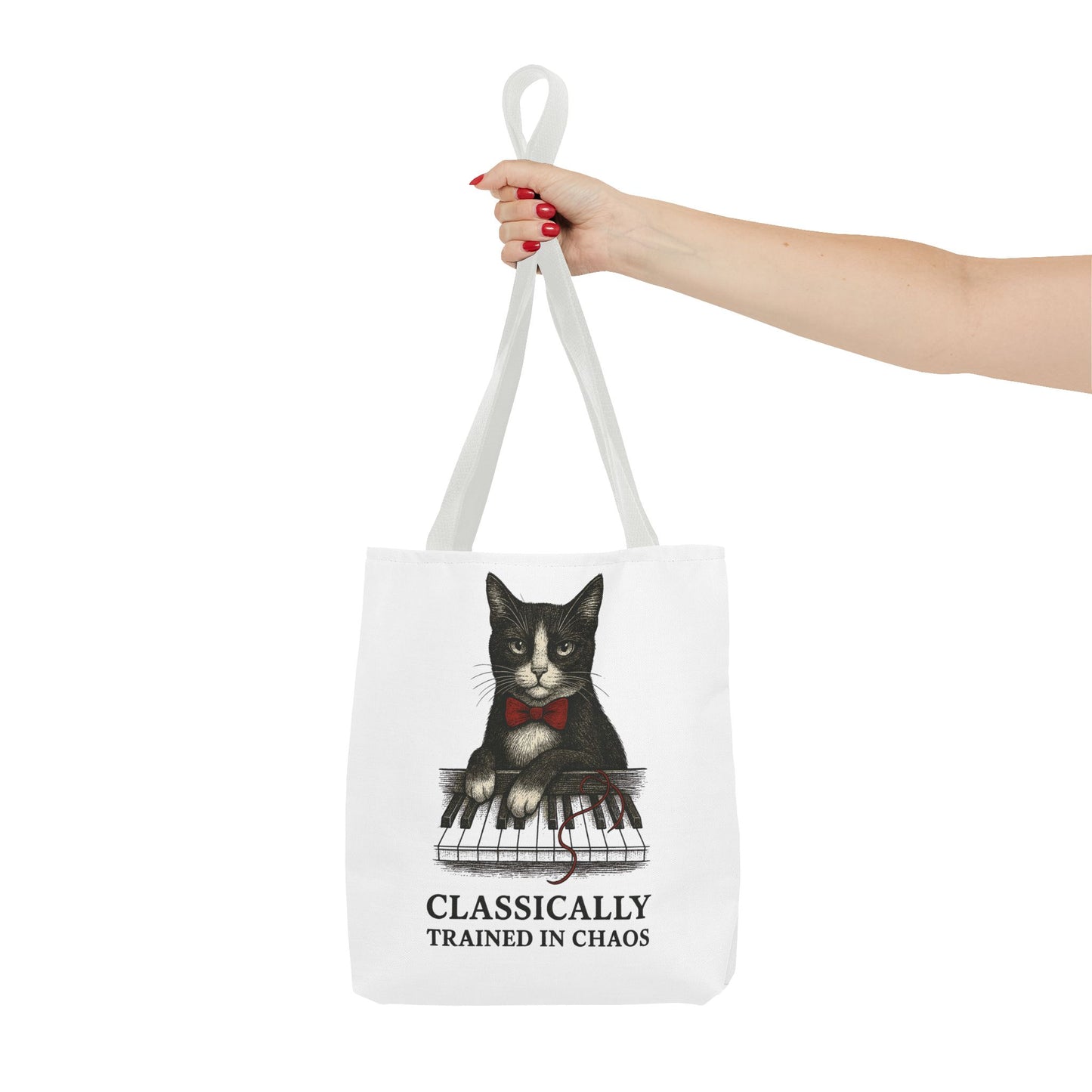 “Classically Trained in Chaos” – Archibald the Piano Cat Canvas Tote