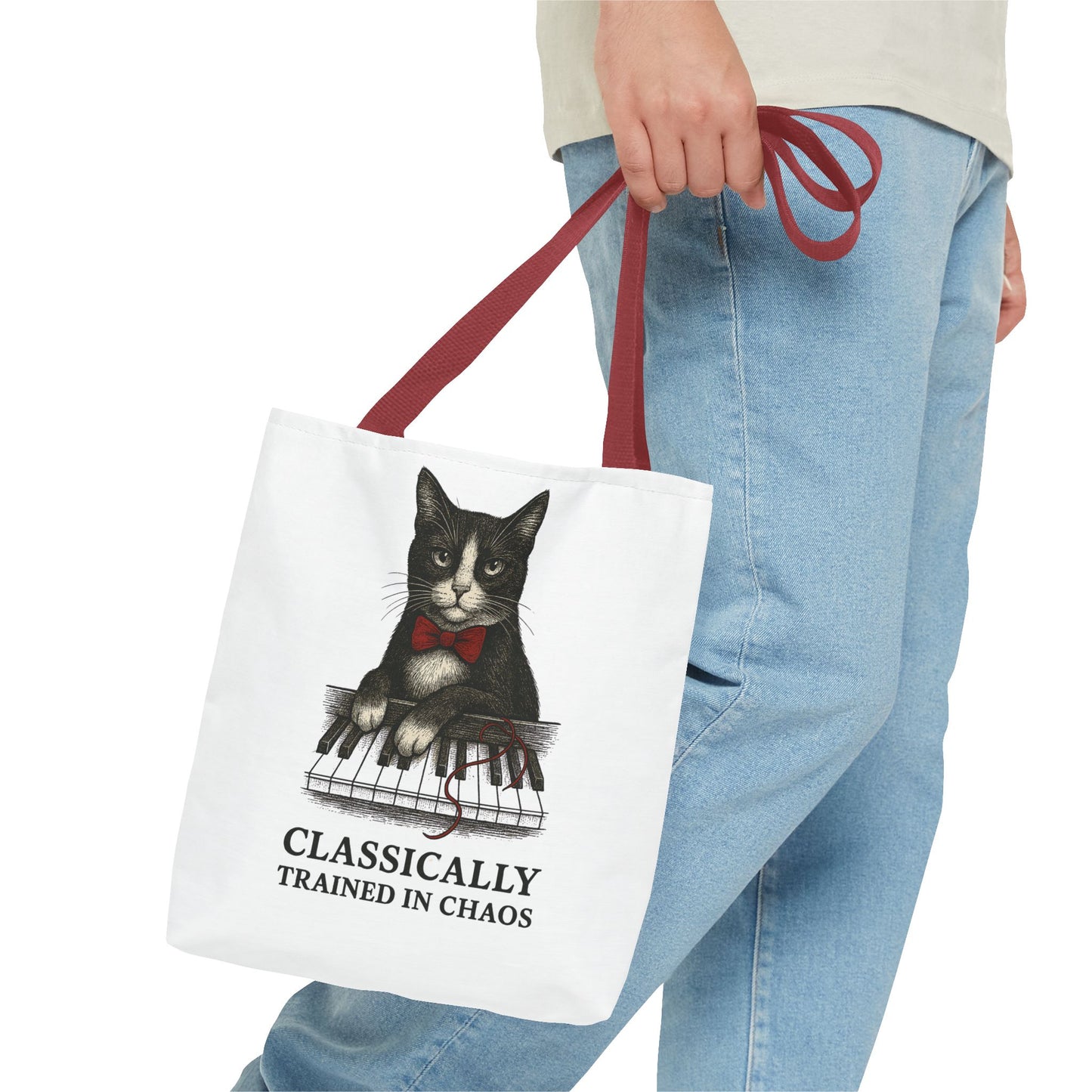 “Classically Trained in Chaos” – Archibald the Piano Cat Canvas Tote