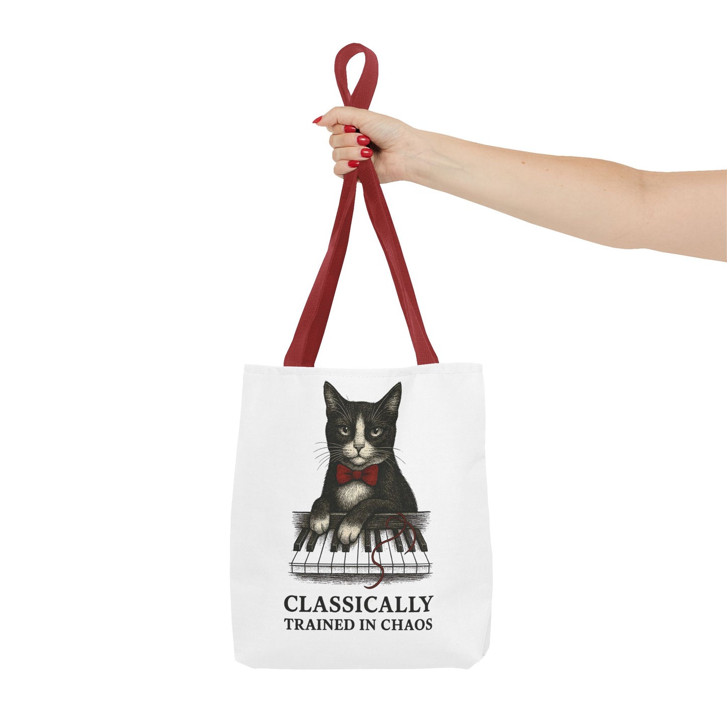 “Classically Trained in Chaos” – Archibald the Piano Cat Canvas Tote