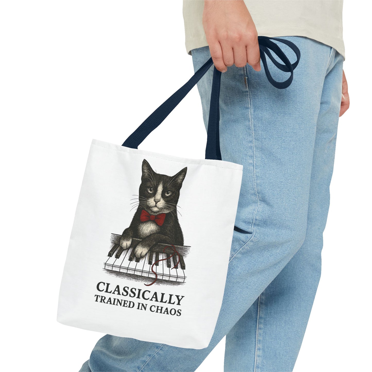 “Classically Trained in Chaos” – Archibald the Piano Cat Canvas Tote