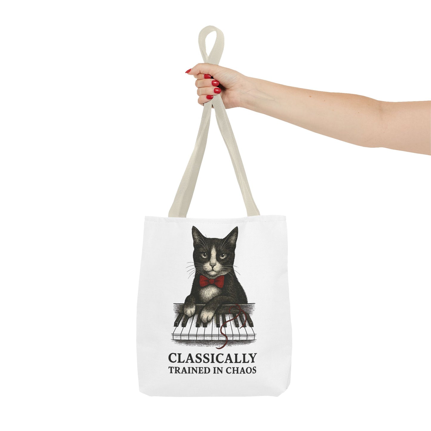 “Classically Trained in Chaos” – Archibald the Piano Cat Canvas Tote