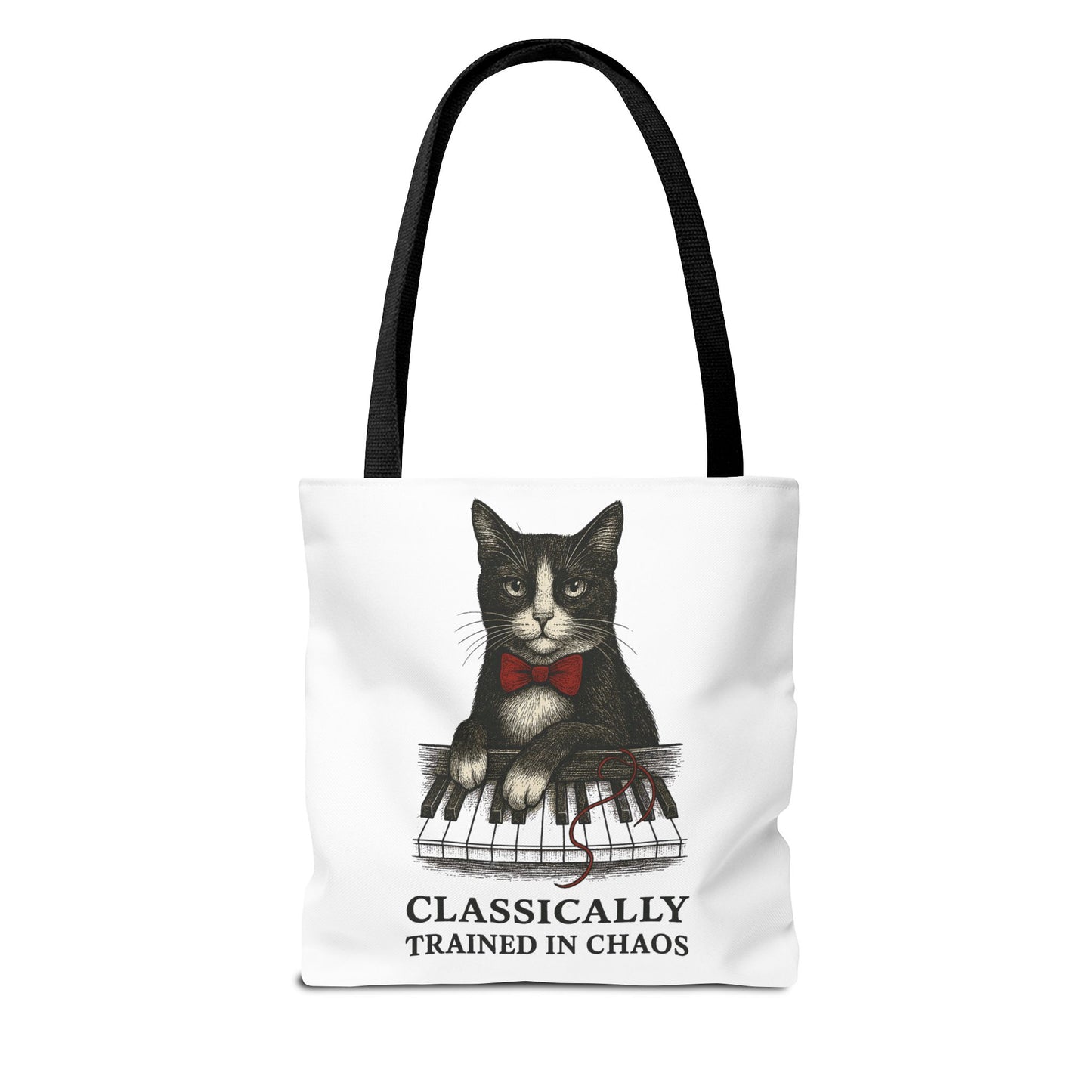 “Classically Trained in Chaos” – Archibald the Piano Cat Canvas Tote