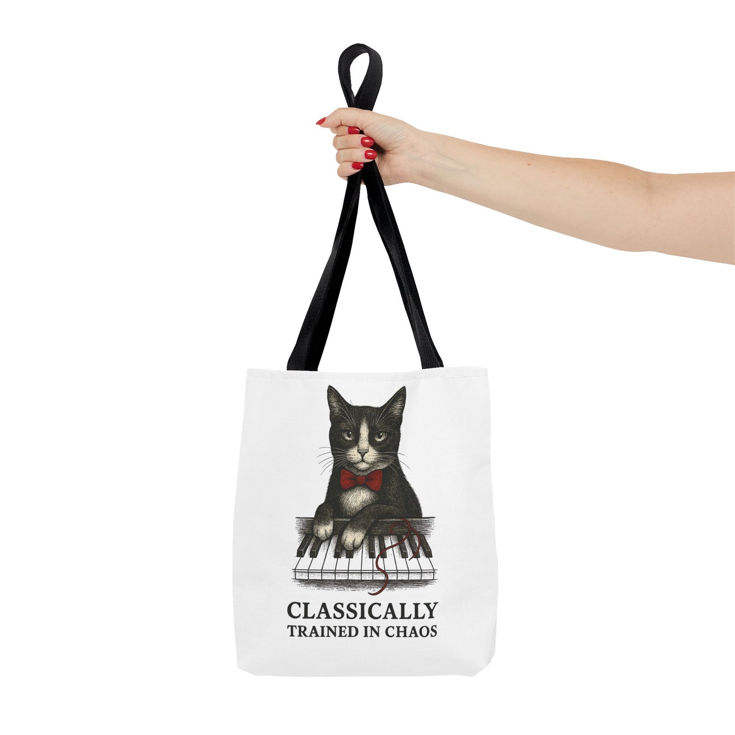 “Classically Trained in Chaos” – Archibald the Piano Cat Canvas Tote