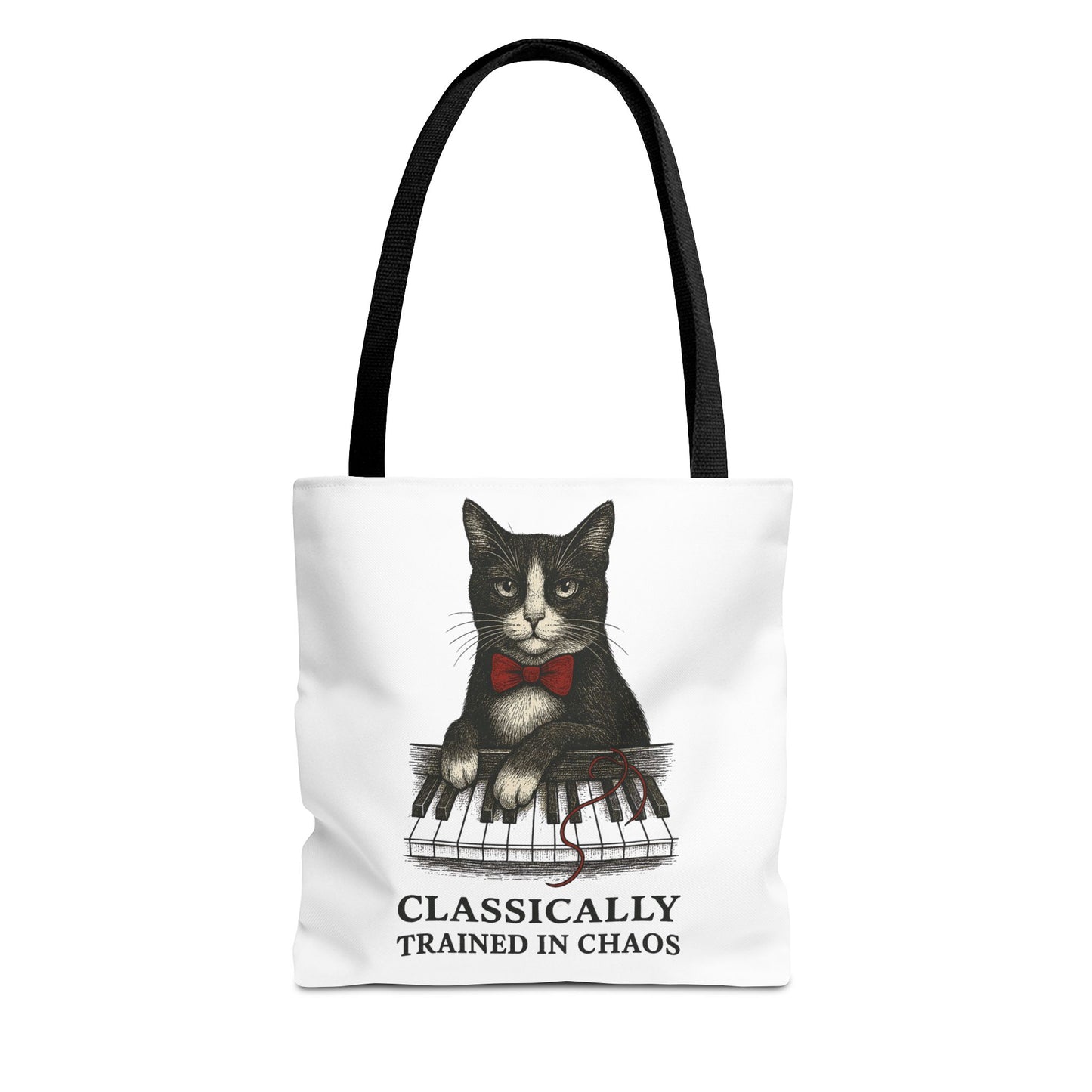 “Classically Trained in Chaos” – Archibald the Piano Cat Canvas Tote