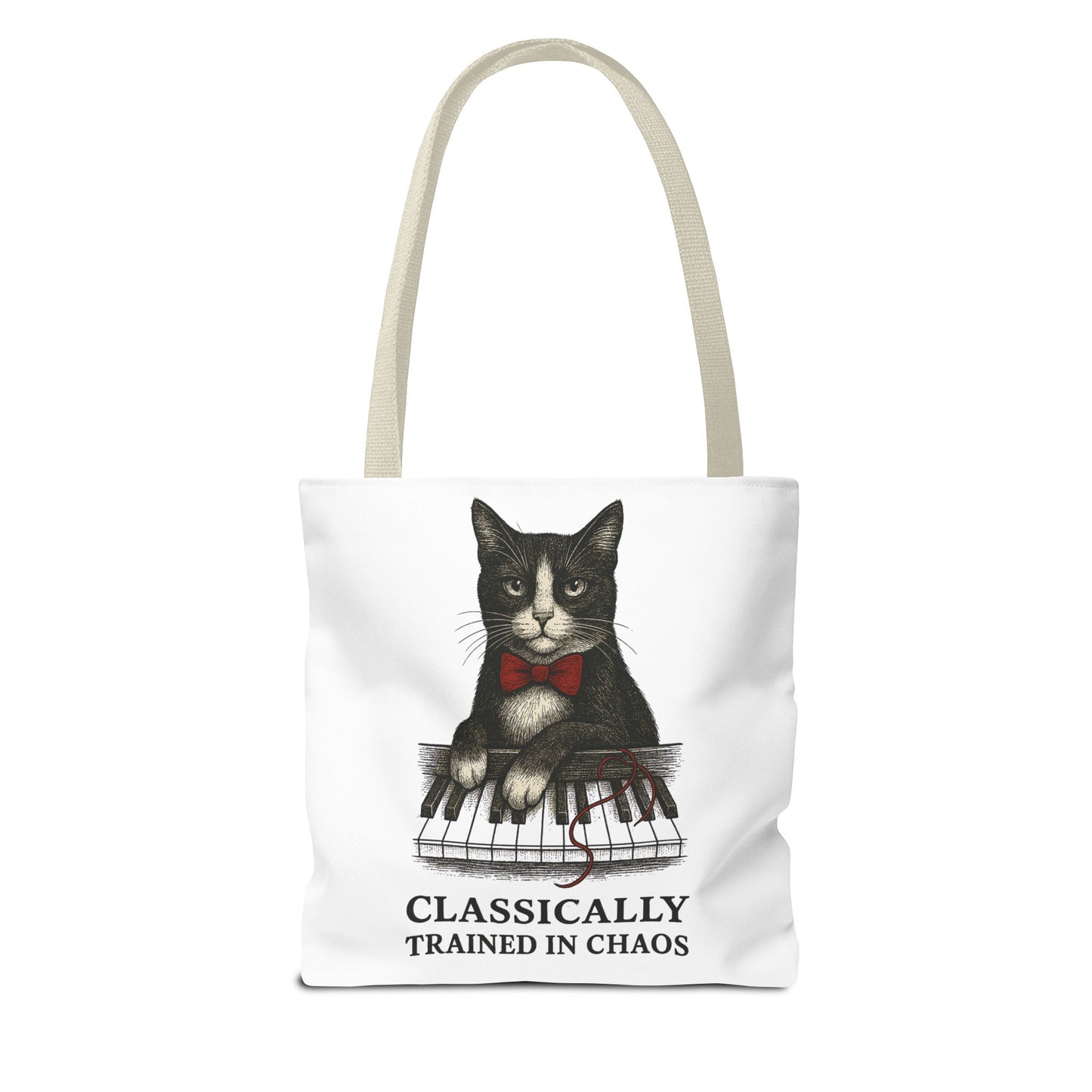 “Classically Trained in Chaos” – Archibald the Piano Cat Canvas Tote