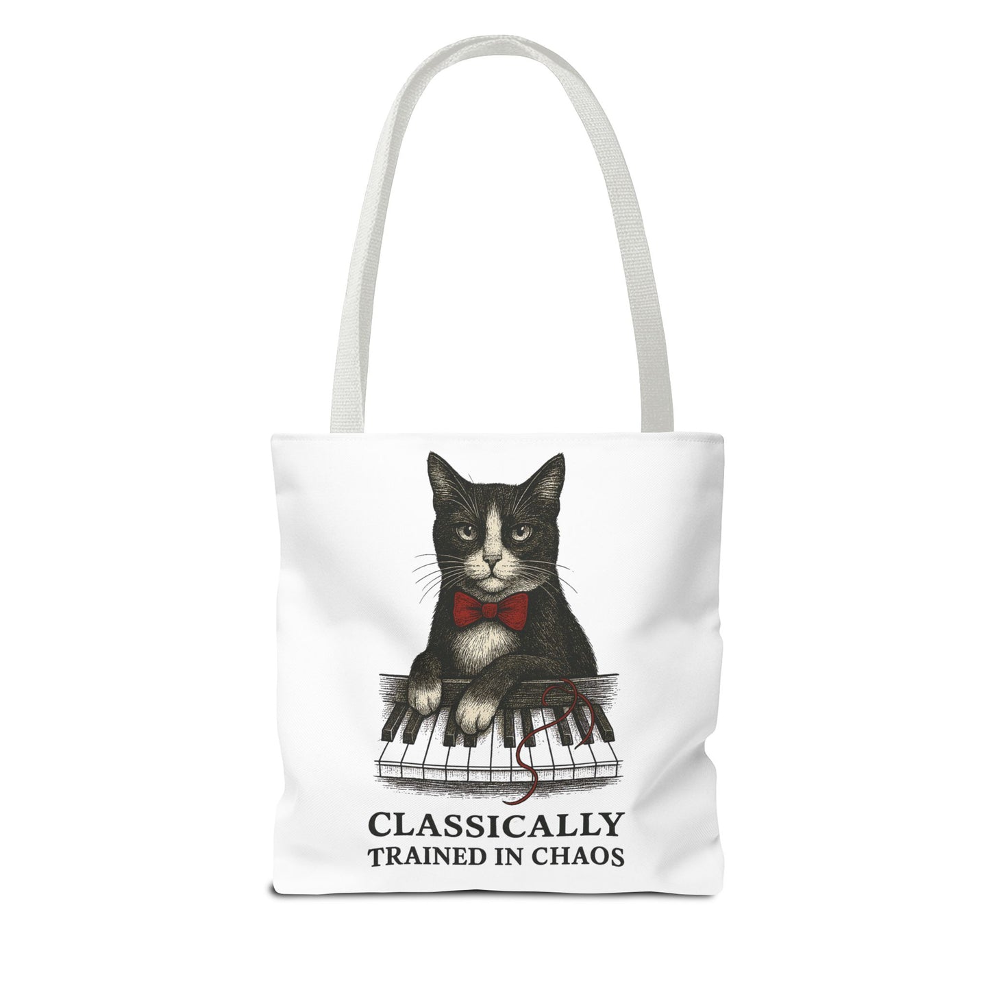 “Classically Trained in Chaos” – Archibald the Piano Cat Canvas Tote