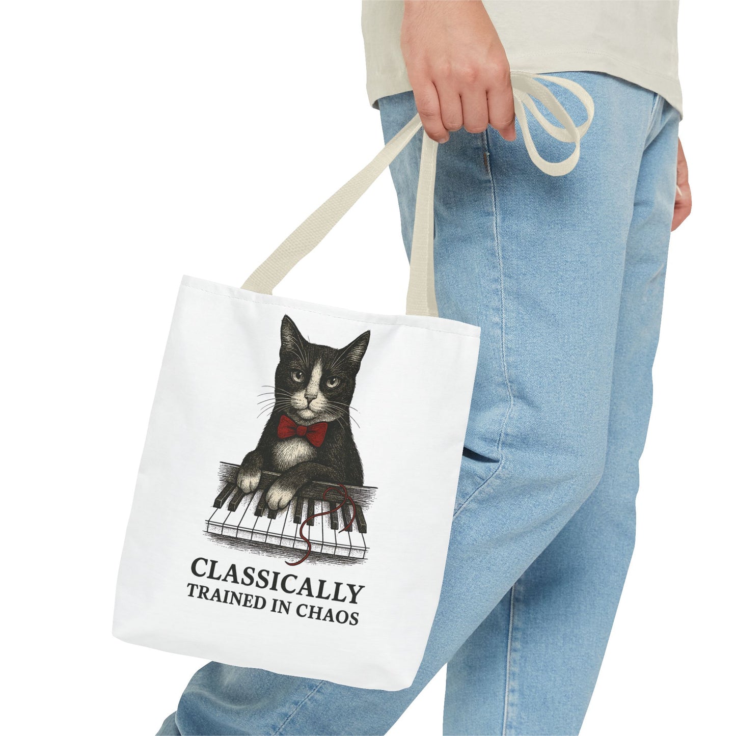 “Classically Trained in Chaos” – Archibald the Piano Cat Canvas Tote