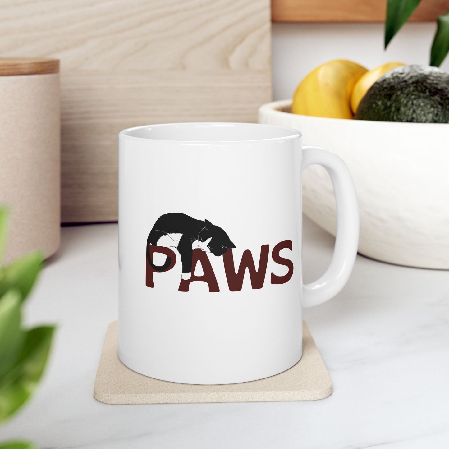 "PAWS Tuxedo Cat Mug – Purrfection in Progress"