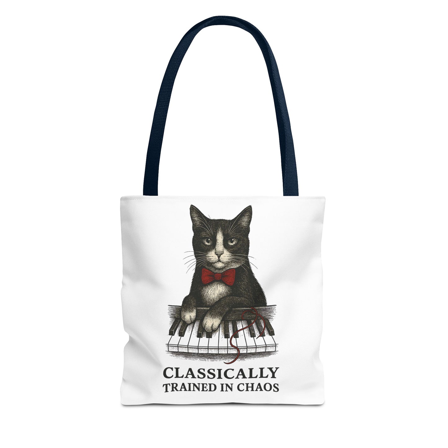 “Classically Trained in Chaos” – Archibald the Piano Cat Canvas Tote