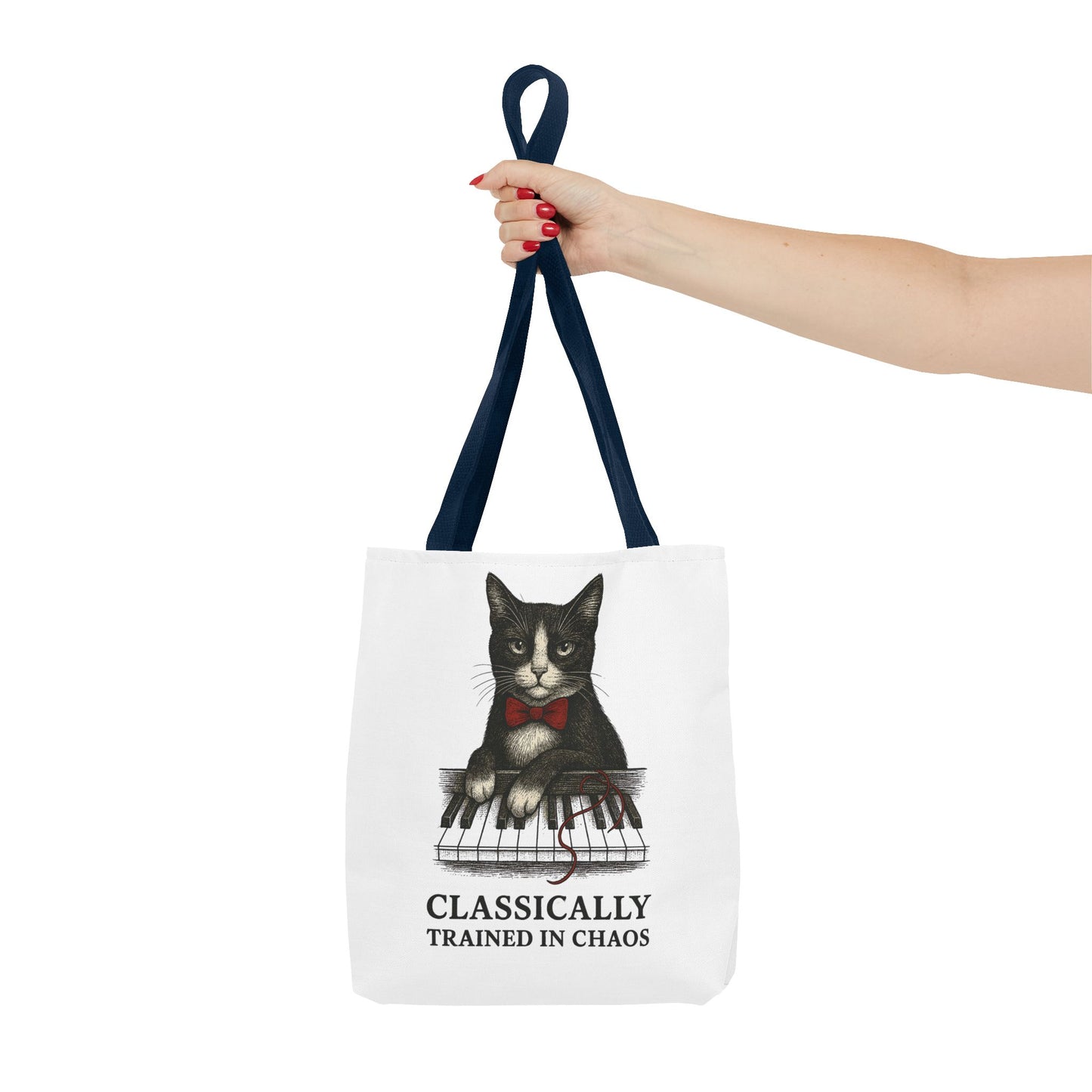 “Classically Trained in Chaos” – Archibald the Piano Cat Canvas Tote