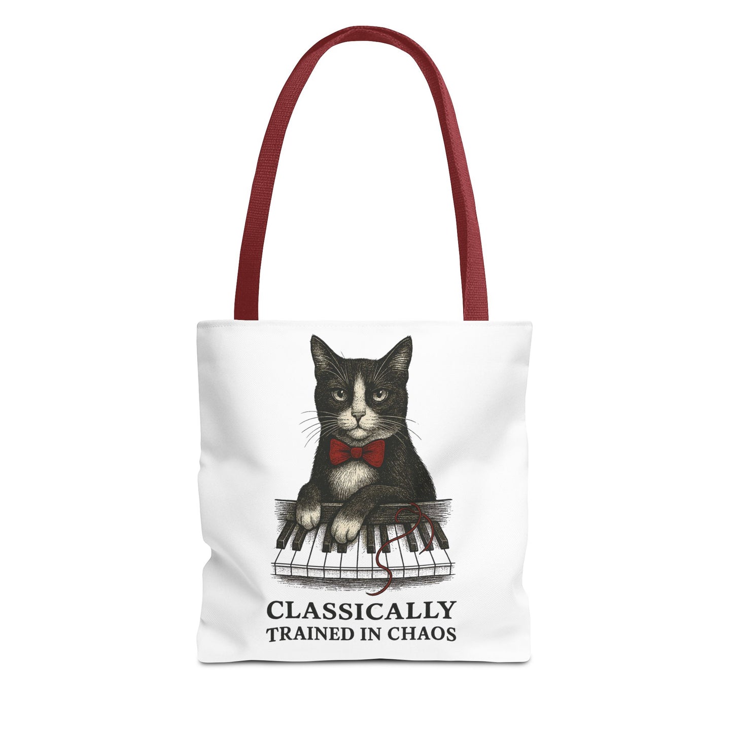 “Classically Trained in Chaos” – Archibald the Piano Cat Canvas Tote