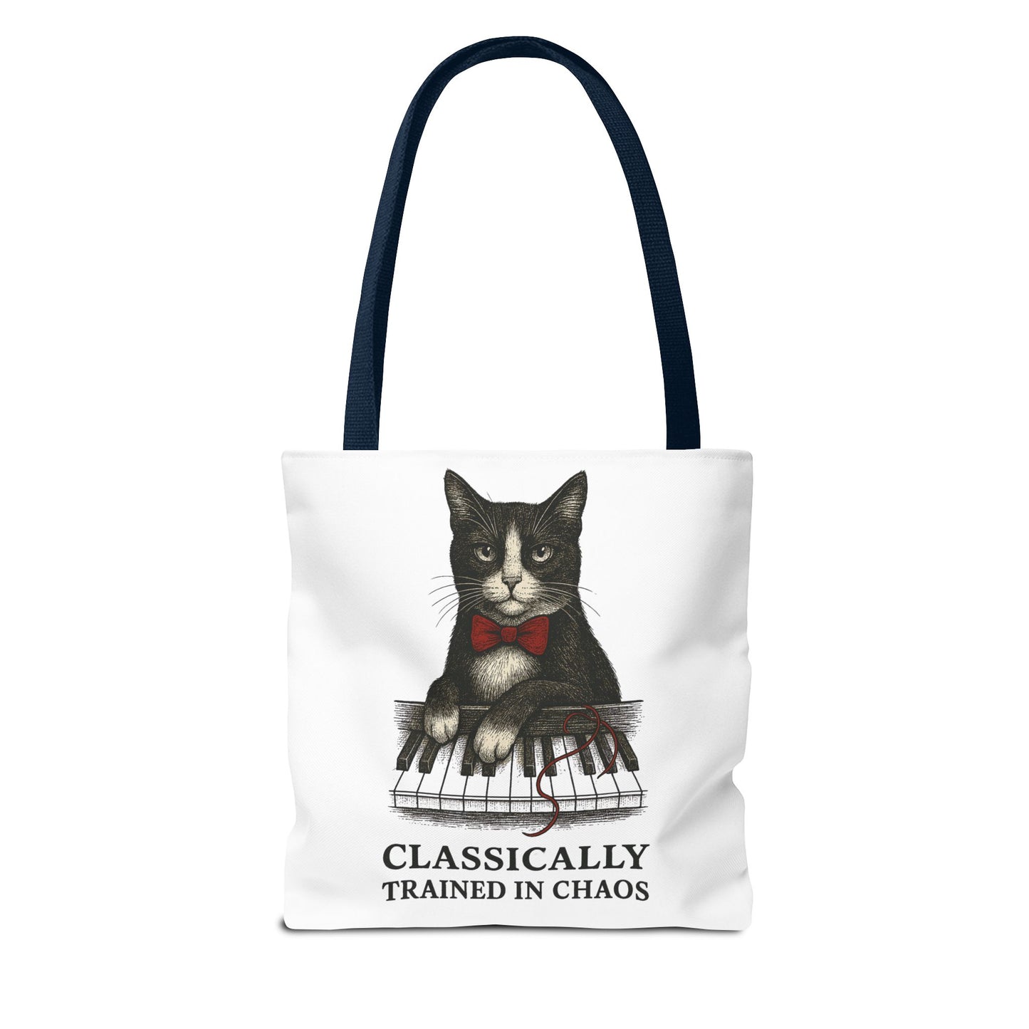 “Classically Trained in Chaos” – Archibald the Piano Cat Canvas Tote