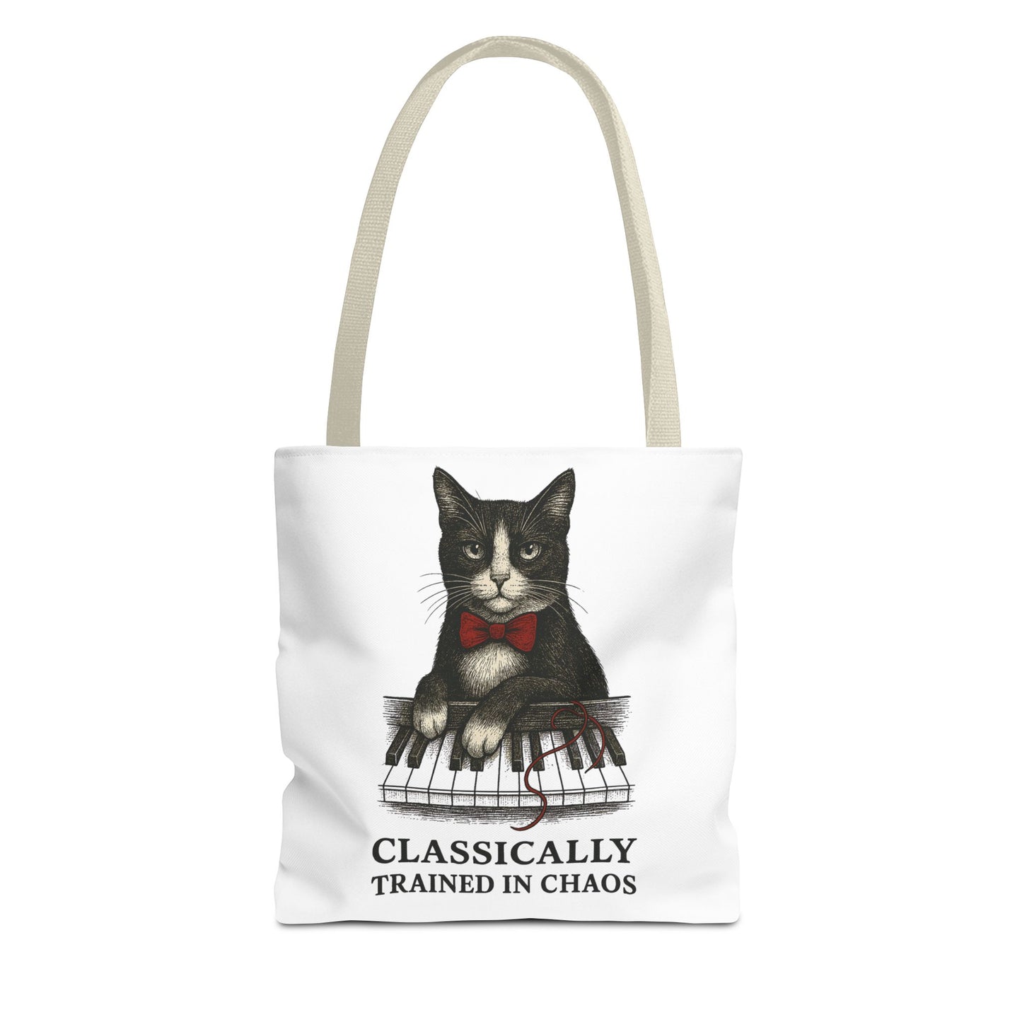 “Classically Trained in Chaos” – Archibald the Piano Cat Canvas Tote