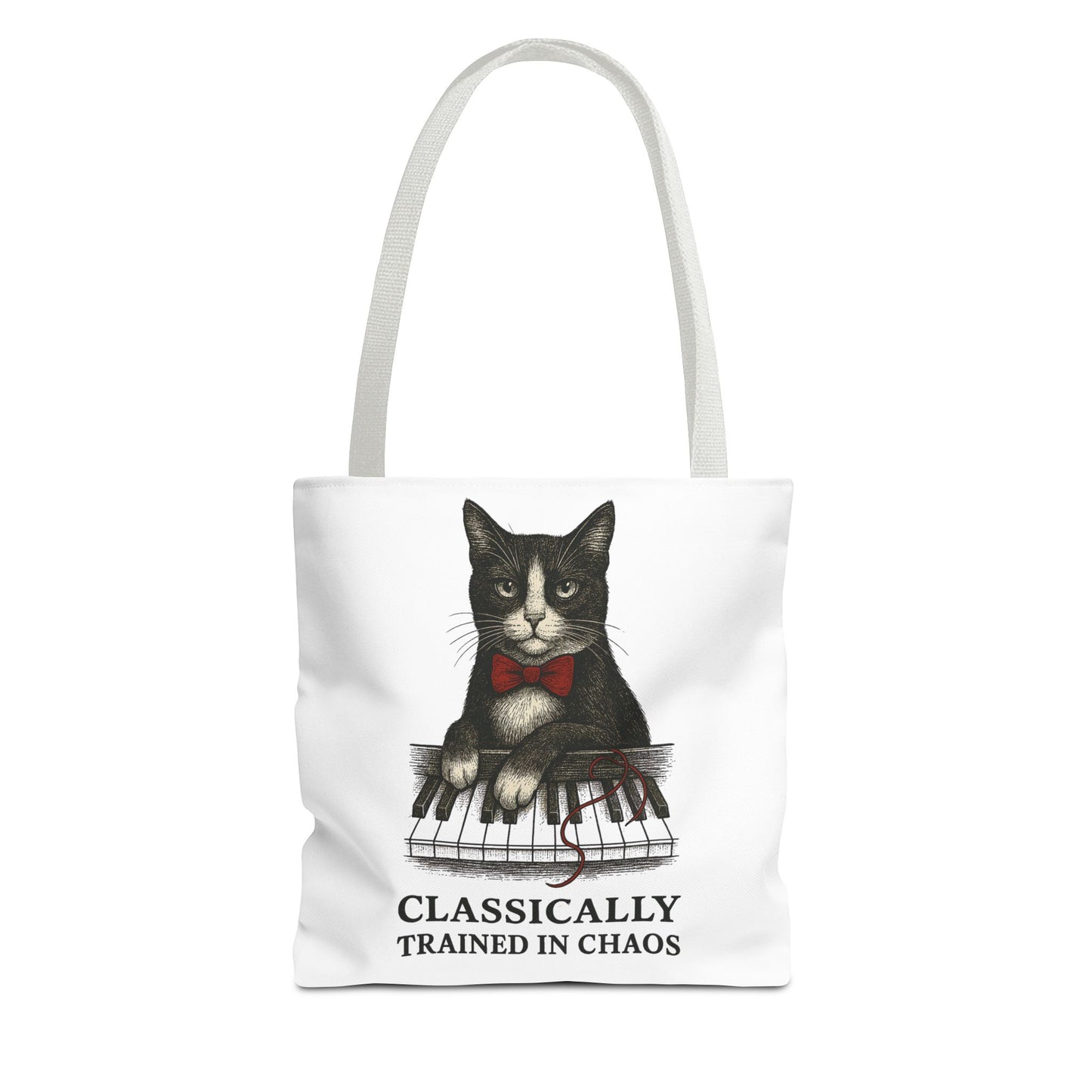“Classically Trained in Chaos” – Archibald the Piano Cat Canvas Tote